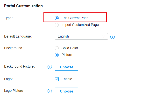 Omada Portal Customization screen showing Edit Current Page option