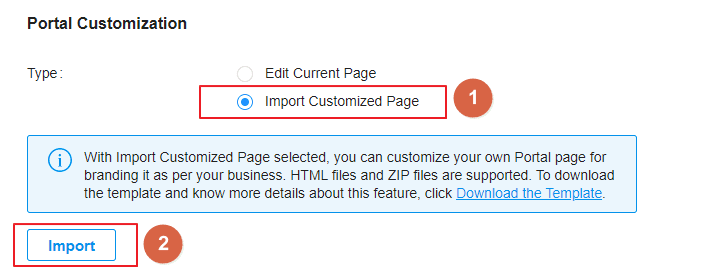 Omada Portal Customization screen showing Import Customized Page option