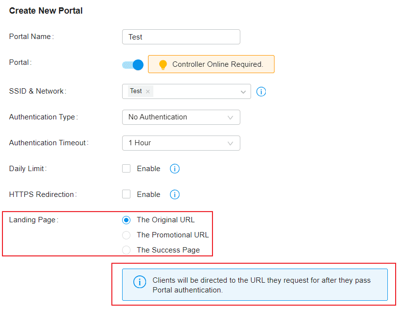 Omada landing page and redirect settings