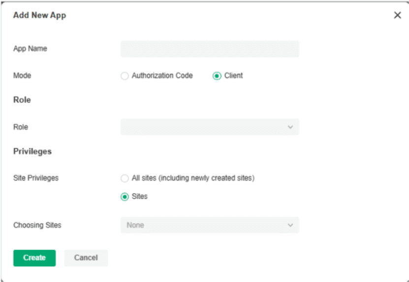 Omada create app screen with Client mode and permissions