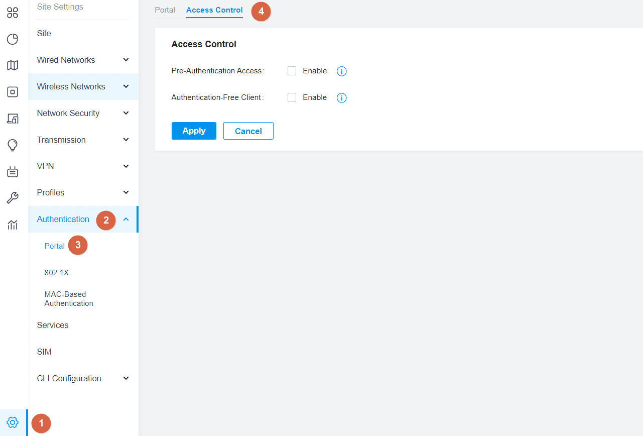 Omada Access Control tab showing Pre-Authentication Access and Authentication-Free Client options