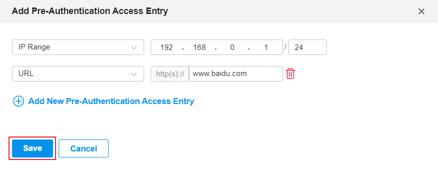 Omada Add Pre-Authentication Access Entry modal with example URL and Save button