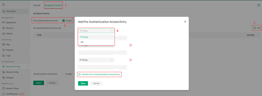 Omada v6.2 Pre-Authentication Access entry modal